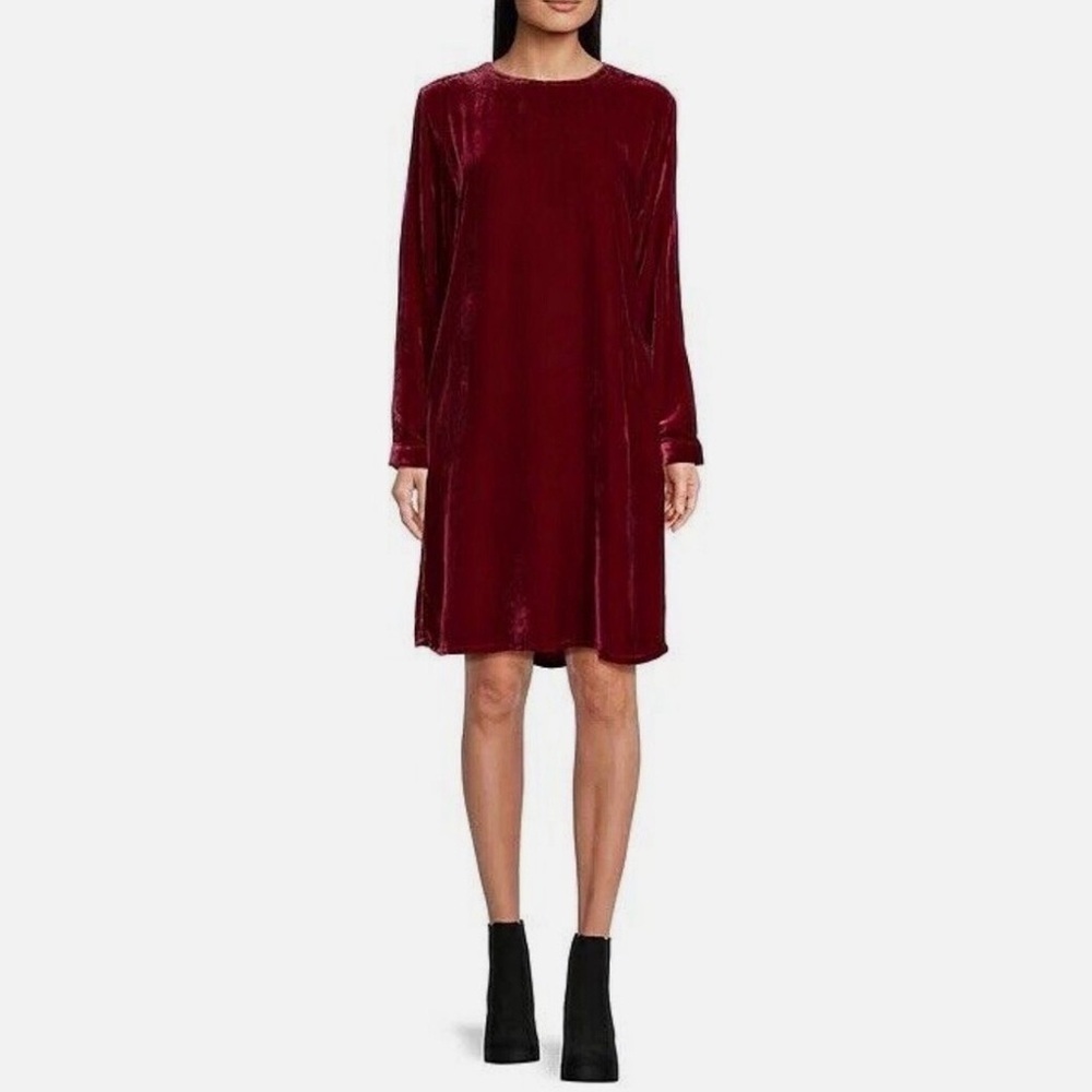 * New * Eileen Fisher Velvet Crew Shift Neck Dress Long Sleeve